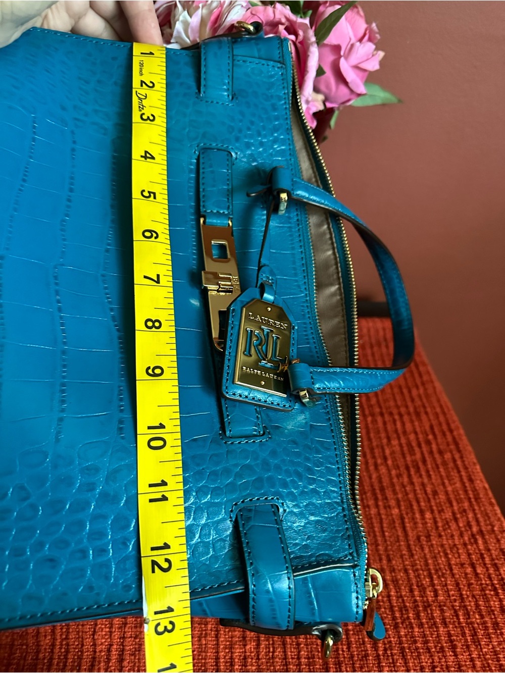 Ralph Lauren Turquoise Croc-Embossed Satchel with Gold Hardware - Picture 14 of 16